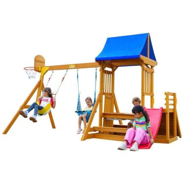 Imagem de Playground Infantil de Madeira com Mesa de Piquenique, Cesta de Basquete, Escorregador de Ondas, 2 Balanços e Parede de Escalada, SuniBoxi,