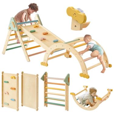 Imagem de Conjunto Tiny Land Pikler Triangle, Montessori 7 em 1 Dobrável para Escalada de Crianças, Ginásio de Madeira para Playground Interno,