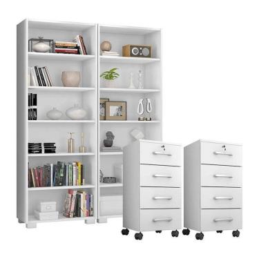 Imagem de Kit 2 Gaveteiros Para Escritório Gávea Com Chave E 2 Livreiros Office Branco Fosco – Móveis Leão