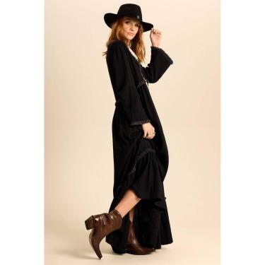 Imagem de Vestido Longo Com Mangas Longas E Decote Em V Preto Yacamim e23-Feminino