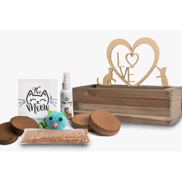 Imagem de Cali Kiwi Pros Vaso decorativo de grama para gatos edição limitada com treliça de amor de gato, sementes orgânicas, solo, inclui brinquedo grátis para gatos e spray de erva de gato bônus (lavagem envelhecida)