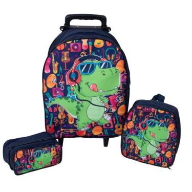 Imagem de Kit Mochila Escolar com Carrinho Lancheira Estojo Dinossauro Marinho -