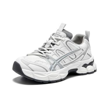 Imagem de BEAU TODAY Tênis grosso para mulheres, tênis fashion feminino, sapatos casuais de couro para caminhada, plataforma com cadarço, sapatos leves e confortáveis para pais, Branco-cinza, 34