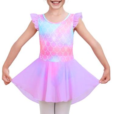Imagem de LUOUSE Collant de balé elegante para meninas com saia - mangas esvoaçantes e babados, perfeito para dança e ginástica, 02 Sereia rosa, 7-8 Anos