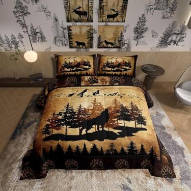 Imagem de Homewish Jogo de cama Queen com estampa de pata de animal selvagem, cabana da selva, tamanho Queen, para crianças, adolescentes e adultos, desenho rústico com 2 fronhas