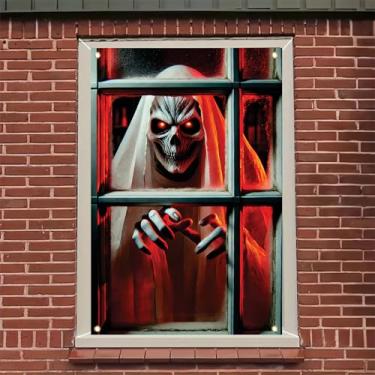 Imagem de Saoplasa Capa de janela de Halloween 118 x 78 cm pôster de fantasma assustador adesivo de janela de terror decoração de casa assombrada rosto de esqueleto assustador com olhos vermelhos decalque para