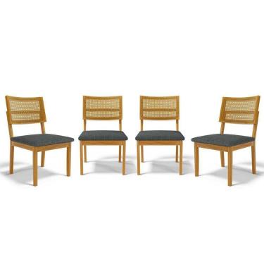 Imagem de Kit Com 4 Cadeiras Aline Madeira Maciça Assentos Estofados Encostos De Tela Palha Sextavada Linho Chumbo 406