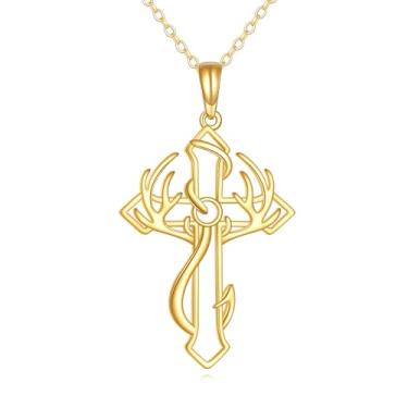 Imagem de DOVRAN Colar de ouro maciço 14K com cruz de anzol, pingente de cruz, joias religiosas, presentes para mulheres e homens