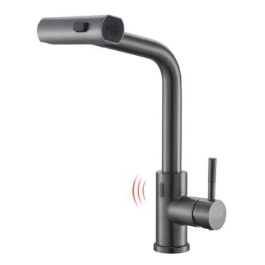 Imagem de GIMILI Torneira de cozinha preta inoxidável sem toque com pulverizador de puxar para baixo, torneiras de pia de cozinha com alça de furo único de 38 cm de altura