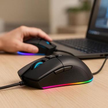 Imagem de Mouse Com Fio Usb Ergonomico Ambidestro Rgb 7200DPI 7 Botões P/ Comput