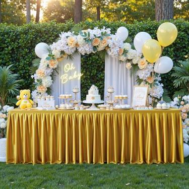 Imagem de Toalha de mesa dourada escura com glitter para mesas retangulares de 1,2 m, saia de mesa de festa brilhante resistente a amassados, saia de mesa de cetim lavável para feiras, festas, aniversário