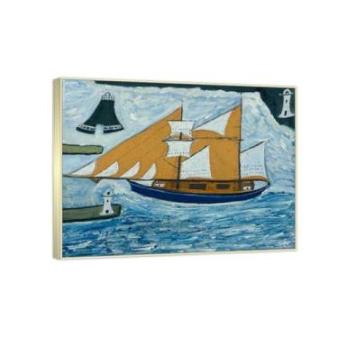 Imagem de RYLJCZ Reproduções de pinturas famosas de Alfred Wallis-(The Blue Ship) Impressões em tela - quadros decorativos para sala de estar 60 x 80 cm (23,7 x 31,5 in Molduras de champanhe