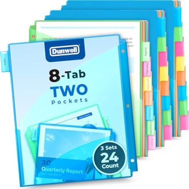 Imagem de Dunwell Divisórias de fichário de 8 abas com 2 bolsos (3 conjuntos, 24 unidades), divisórias de plástico para caderno de 8 assuntos com bolsos para fichários de 3 anéis, bolso durável com abas