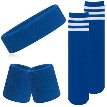 Imagem de ONUPGO Conjunto de 5 peças de meias infantis com faixa de cabeça esportiva, pulseiras, meias altas listradas para crianças, jovens, bebês e bebês - futebol, basquete, corrida, ciclismo, tênis (azul)