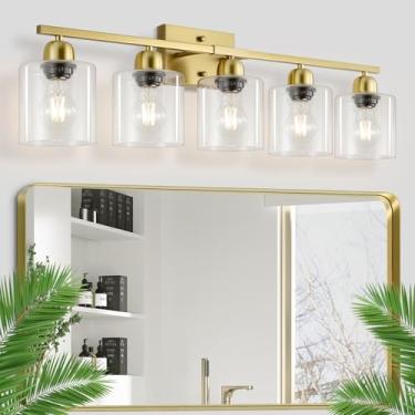 Imagem de FAISHILAN 5 luminárias de banheiro douradas escovadas, luz dourada para banheiro com vidro transparente, arandela de parede de 76 cm para espelho sala de estar quarto corredor base E26
