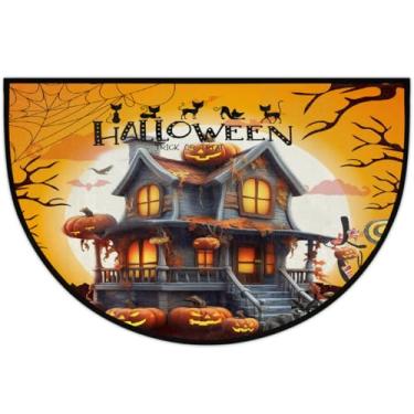 Imagem de Tapete de Halloween laranja casa abóbora meio redondo lavável semicírculo tapete antiderrapante meia lua tapete para interior externo banheiro cozinha lareira entrada banho decoração de férias