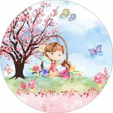 Imagem de Painel de Lona Redondo Menininha Jardim Aquarela e Borboletas - Fabrik