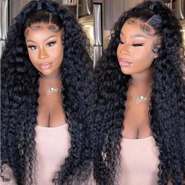 Imagem de LHHUR Perucas de cabelo humano ondulado profundo com 200% de densidade de renda frontal encaracolado profundo 66 cm 33 x 10 perucas sem cola HD transparente perucas de cabelo humano pré-arrancado com