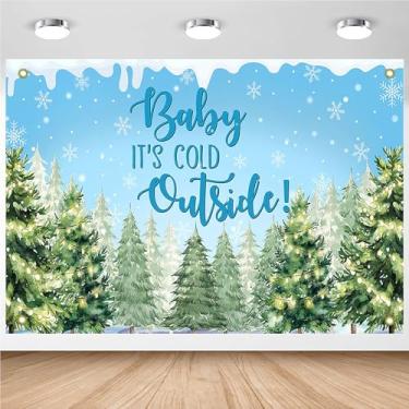 Imagem de Avezano Baby It's Cold Outside Pano de fundo azul floco de neve de inverno decoração de festa de chá de bebê fundo fotográfico pinheiro recém-nascido chá de bebê faixa para meninos (2,1 x 1,5 m)