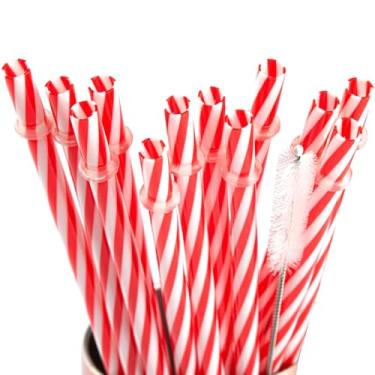 Imagem de Canudos de plástico reutilizáveis de Natal, 12 peças, canudos listrados vermelhos e brancos com escova de limpeza, canudos de Natal com anéis para festa de casamento de Natal (26,7 cm)