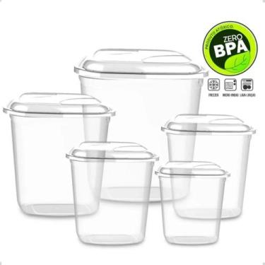 Imagem de Jogo Kit de 5 Potes Quadrado Transparente Arroz, Feijão, Açúcar, Café 