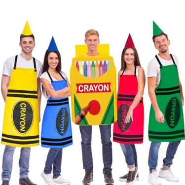 Imagem de 9 peças de fantasia de giz de cera de Halloween, inclui 1 caixa de giz de cera colorida, 4 aventais e 4 chapéus engraçados de cone de gnomo para adultos, homens, mulheres, professores, estudantes