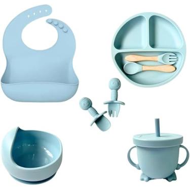 Imagem de Kit Introdução Alimentar Bebê 8 Peças em Silicone – Colher, Garfo, Copinho, Pratinho e Pote – Atóxico, Antibacteriano, Livre de BPA – Seguro Para Crianças a Partir de 6 Meses (Azul Claro)