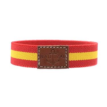Imagem de BDM Pulseira de tecido feminina e masculina com a bandeira da Espanha. Pulseira náutica elástica com uma peça de couro., Couro, bdm