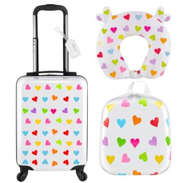 Imagem de Sanwuta Conjunto de 4 peças de bagagem infantil, mochila de viagem com rodinhas com rodas, travesseiro em forma de U, presente infantil para meninas e meninos, Branco, 17 Inch, Estilo de coração