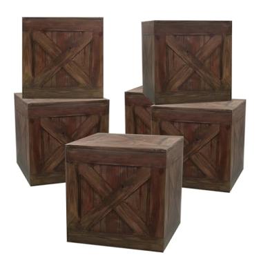 Imagem de ATSKIM Pacote com 6 caixas de decoração de festa com tema ocidental, fardos de feno falsos para decoração, caixas de madeira de 27 cm, caixas de imitação de madeira, adereços de cabine de fotos para