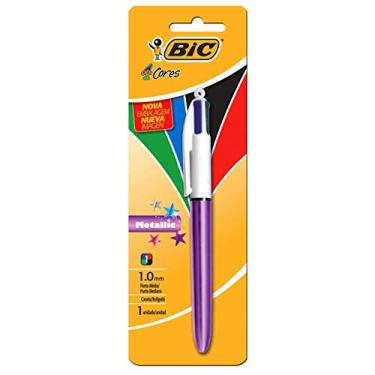 Imagem de Caneta Bic 4 Cores – Ponta Esferográfica Retrátil Média de 1.0mm – Corpo Roxo Metálico, Pacote com 1 Unidade – Cores Clássicas: Azul, Vermelho, Verde e Preto