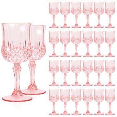Imagem de Pacote com 24 taças de vinho de plástico rosa claro, taças de plástico vintage para festas, copos de bebida, copos inquebráveis, taças de água de cristal, reutilizáveis para recepção de casamento