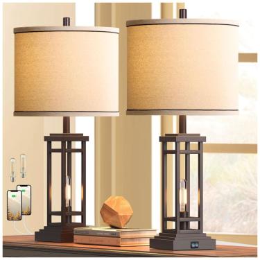 Imagem de Kit 2 Luminárias de Mesa Vintage em Metal e Abajur de Tecido, ROTTOGOON, Dourado