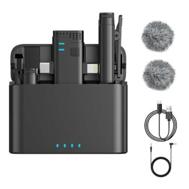 Imagem de Microfone de lapela sem fio profissional 2 em 1 para Android, iPhone iPad com capa de carregamento, cancelamento de ruído, clipe plug-play, microfone de lapela para YouTube, gravação, streaming ao