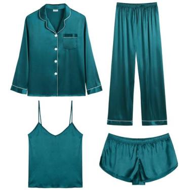 Imagem de Conjunto de pijamas femininos SWOMOG de cetim, 4 peças de pijama verde