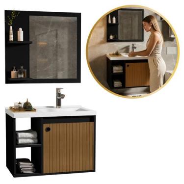 Imagem de Conj Gabinete Banheiro 2 Nichos 60cm com Espelheira e Cuba - Adonis, P