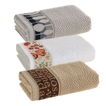 Imagem de Kit com 3 Panos de Copa Prato Guardanapo Felpudo Karsten 46 x 65 cm Barra Decorativa 3 Cores