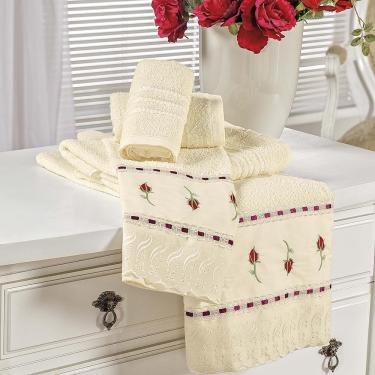 Imagem de Jogo de Banho Toalhas Yasmin 5 Peças 100% Algodão 320g/m² Suave Floral - Palha