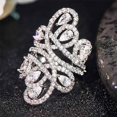 Imagem de Lindos anéis de zircônia cúbica em gota d'água para mulheres, acessórios de cor prata luxuosos para noivado, 9, Latão, Zircônia cúbica