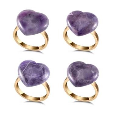 Imagem de 4 peças de anéis de guardanapo de ametista em forma de coração, porta-guardanapos de pedra de cristal natural para decoração de mesa de Natal, Ação de Graças, casamento, dia dos namorados, festas