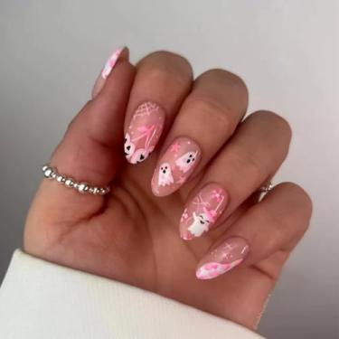 Imagem de Kit de unhas curtas médias amêndoas Halloween fofo rosa falso cola em unhas com design de abóbora fantasma fofo cobertura completa bastão falso artificial em unha de acrílico para mulheres uso diário