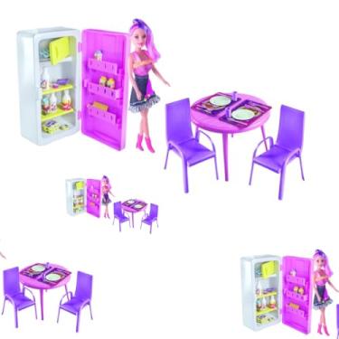 Imagem de Conjunto de Cozinha Infantil com Geladeira, Mesa, Cadeiras, Boneca, Acessórios, Rosa e Roxo, 25,5x13cm, Brinquedo Educativo para Meninas
