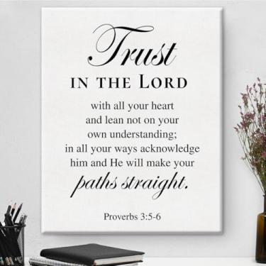 Imagem de Arte de parede em tela cristã motivacional Trust in the Lord Impressão em tela positiva escritura bíblica versículo pintura decoração de parede para casa presente de batismo emoldurado 20 x 25 cm