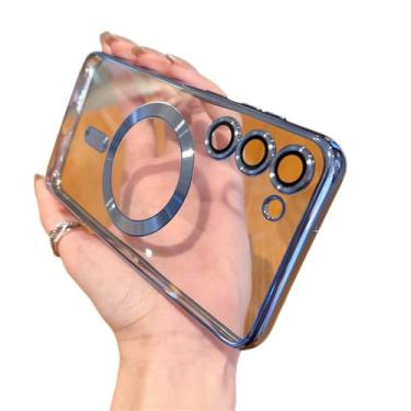 Imagem de Capa magnética transparente de carga sem fio revestida para Samsung Galaxy S22 S21 S20 FE S23 Note 20 Ultra Plus capa macia de TPU, azul claro, para Samsung S23Ultra