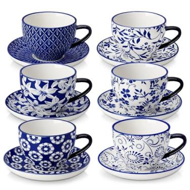 Imagem de vancasso Conjunto de 6 xícaras de cappuccino com pires SELENE 227 g, xícara de café expresso empilhável de cerâmica com suporte de metal para latte, xícaras de café pequenas azuis vintage - para