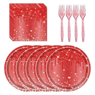 Imagem de 72 peças de pratos de papel com glitter vermelho, 18 cm, pratos de sobremesa, guardanapos e garfos, conjunto de talheres de festa, decorações de mesa de feliz aniversário para 24 convidados, Natal