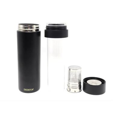 Imagem de DEDEYA Garrafa de água isolada a vácuo de aço inoxidável de 445 ml com forro de vidro dentro, garrafa térmica forrada de vidro com infusor para bebida quente e fria - Caneca de viagem à prova de