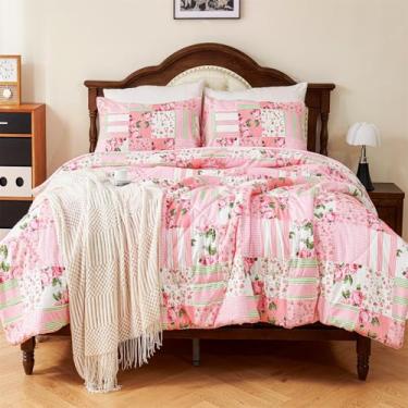 Imagem de Cmfshape Conjunto de edredom tamanho king rosa rosa, 3 peças, estampa de flores, edredom de microfibra macia com fronhas para todas as estações, 102 x 90