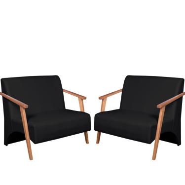 Imagem de Kit 2 Poltronas Namoradeira Venus Braço Madeira Maciça Tecido Sintético Preto
