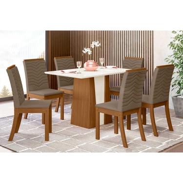 Imagem de Conjunto: Mesa De Cozinha Orus Tampo Madeirado C- Vidro 120x80cm E 6 Cadeiras Isa Nature-suede Light Bege - Henn